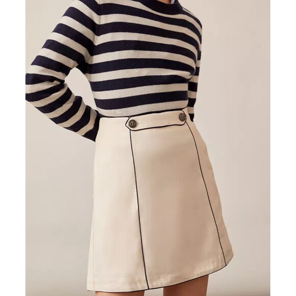 Maeve Womens Structured Mini Skirt Cream with Navy Piping Nautical Size 4 Linen - Picture 1 of 11
